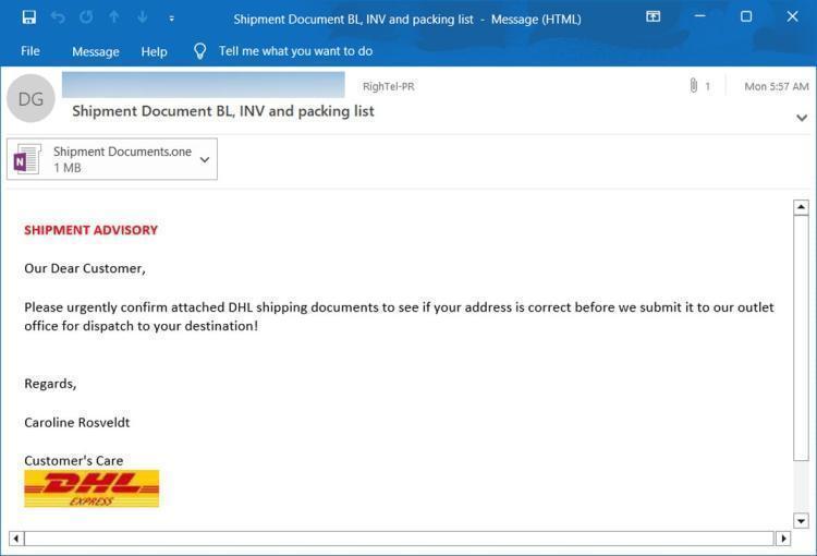 带有 OneNote 附件的假 DHL 电子邮件