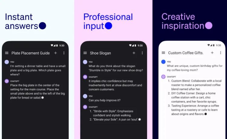 Android 上的 ChatGPT 应用程序的屏幕截图以及如何使用它的示例。
