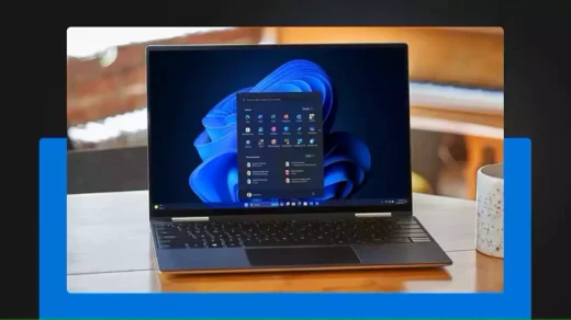 MSFT Open laptop with Windows 11 start screen displaying 2