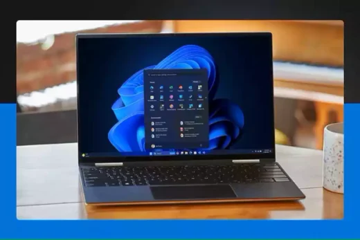 MSFT Open laptop with Windows 11 start screen displaying 2